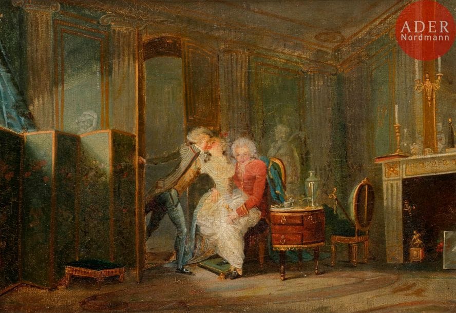 Attribué à Nicolas LAVREINCE dit LAVREINCE (1737-1807)
Le baiser à la dérobée
Sur sa toile et son châssis d’origine 
Au revers du châssis : n°18
23,8 x 32,3 cm 
Restaurations anciennes 

Provenance : 
Vente anonyme à Paris, Hôtel Drouot, le 27 mars 2009 (Étude Mathias, Baron Ribeyre & associés, Farrando Lemoine), n°58 bis.