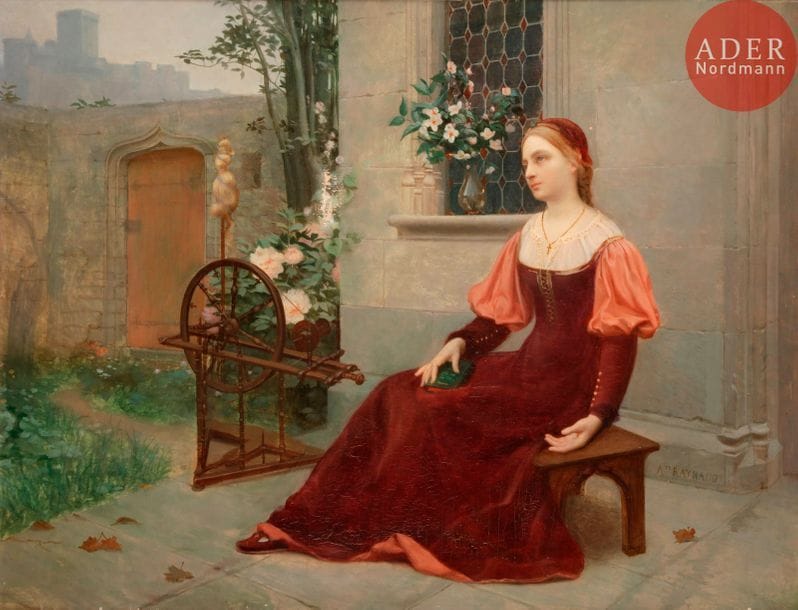 Auguste RAYNAUD (Lyon 1854 ou 1855 - 1937)
Marguerite au rouet
Sur sa toile d’origine 
Signée et datée en bas en droite : Ate RAYNAUD
46,5 x 62 cm 
Accidents et petits manques
