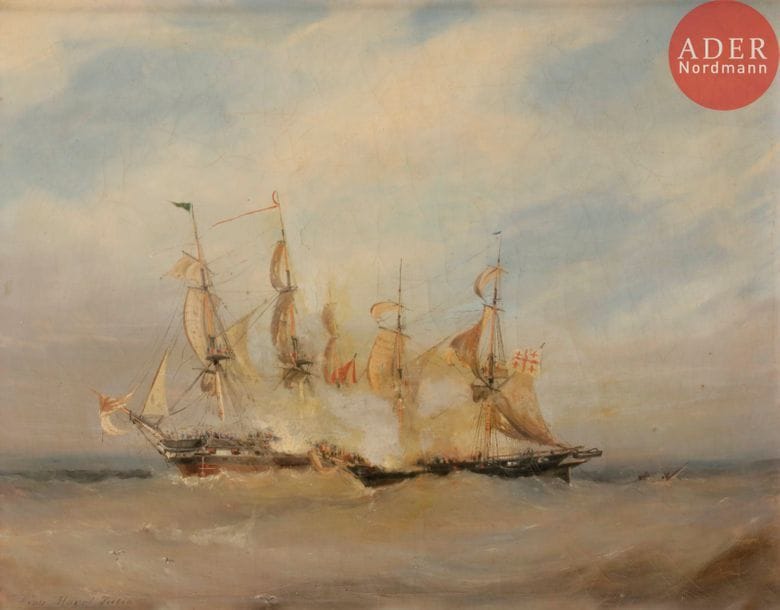 Antoine Léon MOREL FATIO 
(Rouen 1810 - Paris 1871)
Marine 
Toile 
Signée en bas à gauche : Léon Morel-Fatio
38 x 47 cm 
Restaurations anciennes