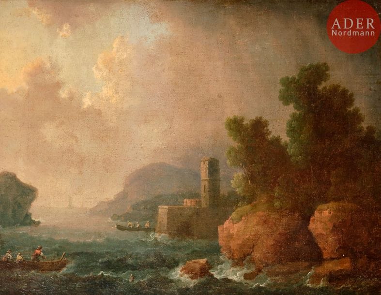Attribué à Francesco FIDANZA (1749 - 1819)
Entrée d’un port 
Sur sa toile d’origine
39 x 49 cm
Restaurations anciennes