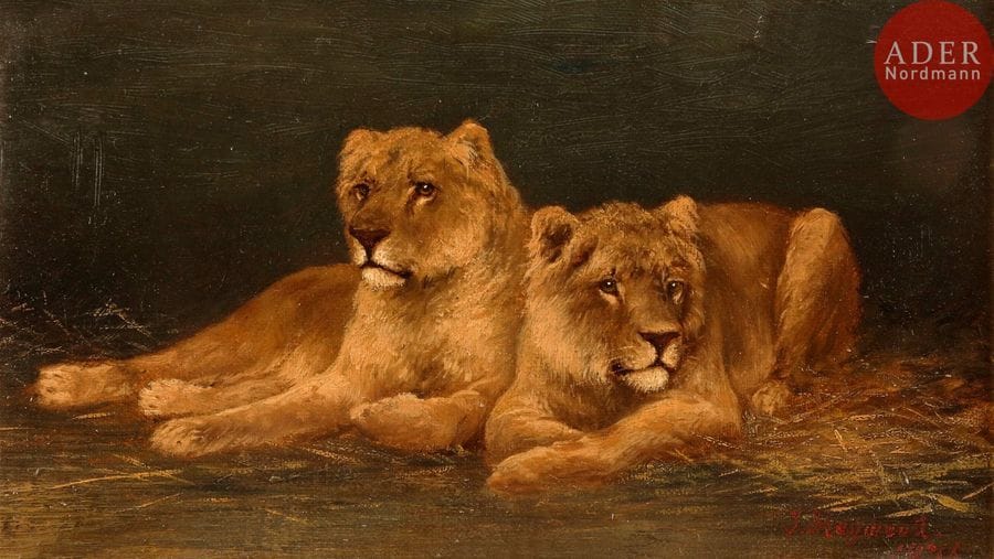 Tom HEYWOOD (XIXe - XXe siècle)
Deux lionnes, 1876
Huile sur panneau
Signée et datée en bas à droite
13 x 22 cm