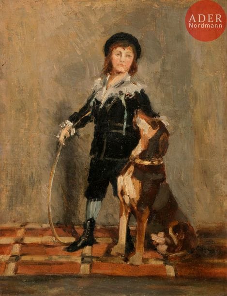École FRANÇAISE du XIXe siècle
Enfant au cerceau
Huile sur toile
Cadre en bois et stuc doré
44,5 x 34 cm