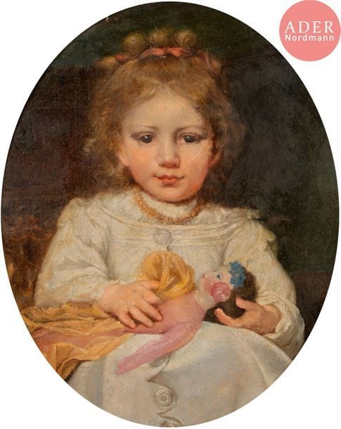 École FRANÇAISE vers 1850
Petite fille à la poupée 
Toile ovale 
53,5 x 43 cm
Restaurations anciennes