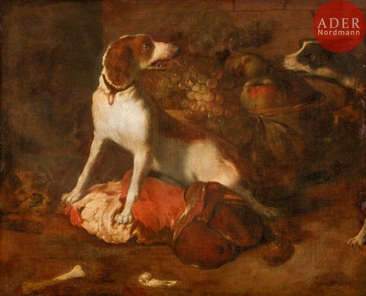 École FLAMANDE du XVIIe siècle, 
suiveur de Frans SNYDERS 
Deux chiens gardant une pièce de viande
Toile
59 x 74 cm
Trace de signature en bas à droite 
Restaurations anciennes