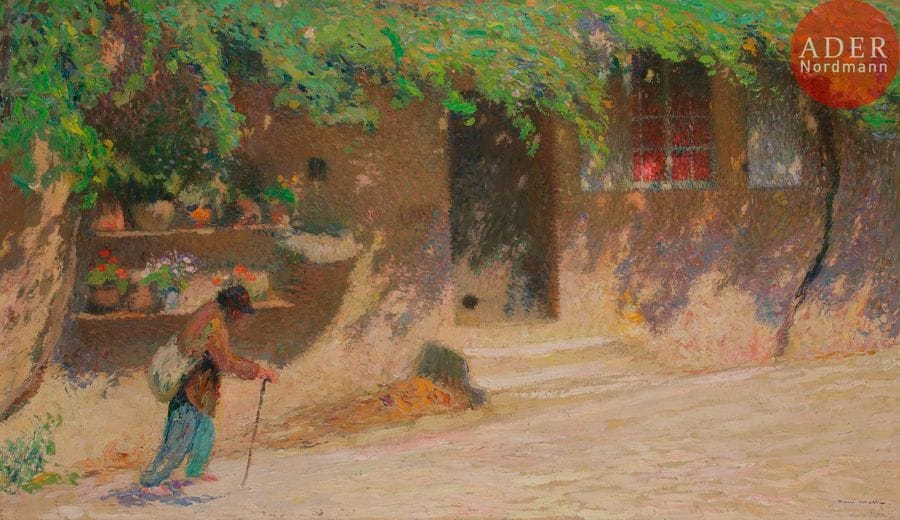Henri MARTIN (1860-1943)
Le Trimardeur, avant 1904
Huile sur toile.
Signée en bas à droite.
57 x 97 cm

Provenance : 
- Collection particulière, Paris 16e. Acquis à l’époque.
- Par descendance, resté dans la famille depuis.

Bibliographie : 
Œuvre en rapport : Claude Juskiewenski, Luce Barlange, Sabine Maggiani, Henri Martin (1860-1943), Du rêve au quotidien, Peintures conservées dans les collections publiques françaises, éditions Silvana, 2008, reproduit p. 171 : Devant de porte ensoleillé, avant 1904, Musée des Beaux-Arts de Reims, Inv. 907-19-168, reproduit ci-dessous.

Un avis d’inclusion de Madame Marie-Anne Destrebecq-Martin, au Catalogue Raisonné d’Henri Martin, en date du 10 octobre 2018, sera remis à l’acquéreur.
