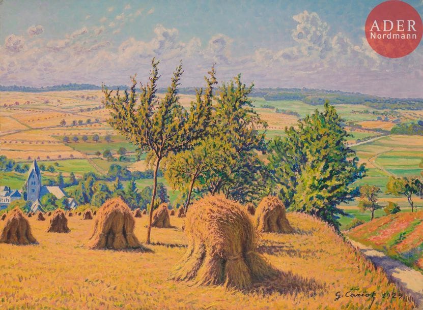 Gustave-Gaston CARIOT 
(1872-1950)
Meules de foin et village en été
Huile sur toile.
Signée et datée en bas à droite.
60 x 81 cm

