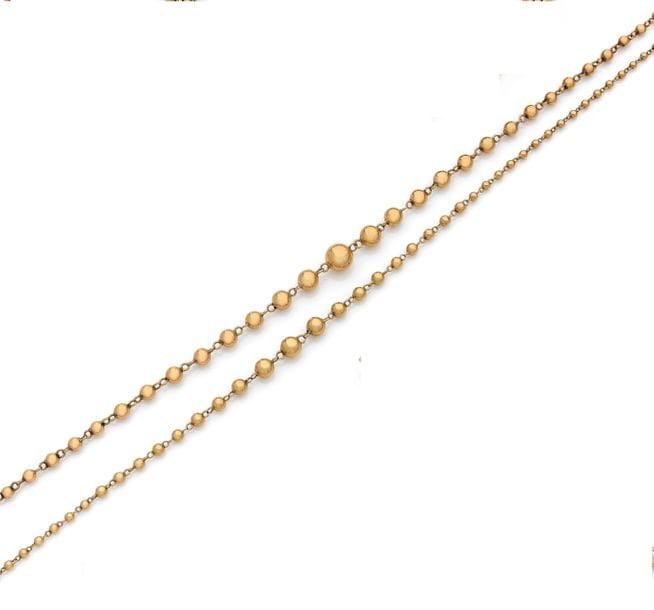 Suite de deux colliers en billes d’or jaune 18K (750) en chute, dits « Marseillais ». Longueurs : 47,3 et 46,5 cm environ. 
Poids : 26,5 g