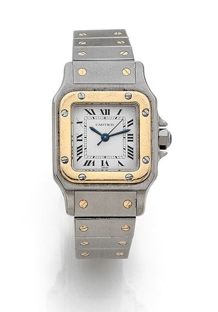 CARTIER Santos vers 1980
N°090218892
Montre bracelet pour dame en or 18K (750) et acier, carrée. Cadran blanc index romains formant les heures, mouvement mécanique à remontage automatique, bracelet en or et acier avec sa boucle déployante signée.
Cadran, boîtier et mouvement signés.
Poids brut : 61,4 g