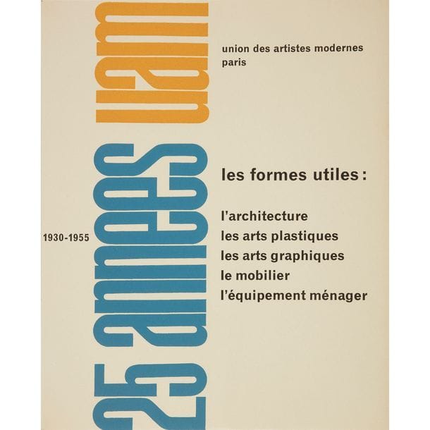 25 ANNÉES U.A.M.  - UNION DES ARTISTES MODERNES PARIS 1930-1955
Les formes utiles : l’architecture, les arts plastiques, les arts graphiques, le mobilier, l’équipement ménager, [1956], exemplaire n° 63 
Album d’époque célébrant les 25 années de l’association.
Pages d’introduction par Georges Huisman, F. Carnot, Robert Rey et Francis Jourdain.
On y retrouve également un texte de 1937 par Robert Mallet-Stevens, le fameux Manifeste (19)49 par Georges-Henri Pingusson, la liste des membres de l’association et un texte en hommage aux membres disparus sous la plume de René Herbst, alors président de l’U.A.M.
Complet de ses nombreuses planches hors-texte illustrées en noir et blanc par des reproductions de photographies d’œuvres de membres (Adler, Aillaud, Barbe, Barret, Bastard, Burkhalter, Carlu, Cassandre, Cournault, Dumond, Gray, Guevrekian, Herbst, Jeanneret, Jourdain, Le Chevallier, Perriand, Legrain, Lurçat, Mallet-Stevens, Martel, Sandoz, Templier, etc.)
In-4 broché à couverture souple.
Éditions du Salon des Arts Ménagers, Paris, 1956, ouvrage publié à cette occasion.
Exemplaire très frais.
Format : 29 x 23,8 cm