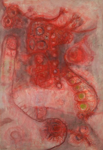 Akira KITO [japonais] (1925-1994)
Monstre, 1964
Huile sur toile.
Signée en bas à gauche.
Signée, datée et titrée au dos.
116 x 81 cm