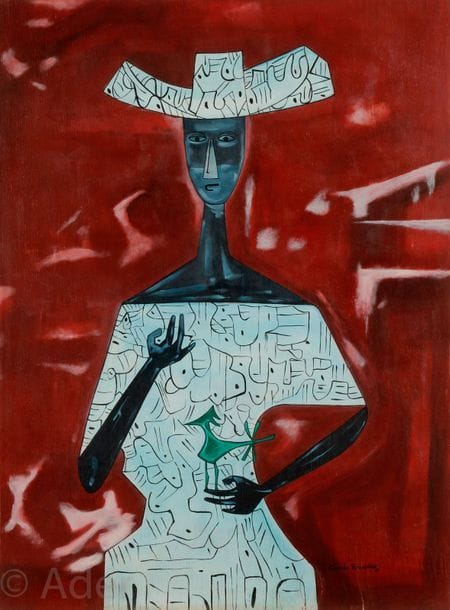 Cundo BERMUDEZ [cubain] (1914-2008)
Femme à l’oiseau vert, 1959
Huile sur panneau.
Signée et datée en bas à droite.
70.5 x 52 cm

Provenance :
Collection de Monsieur O., Bruxelles.