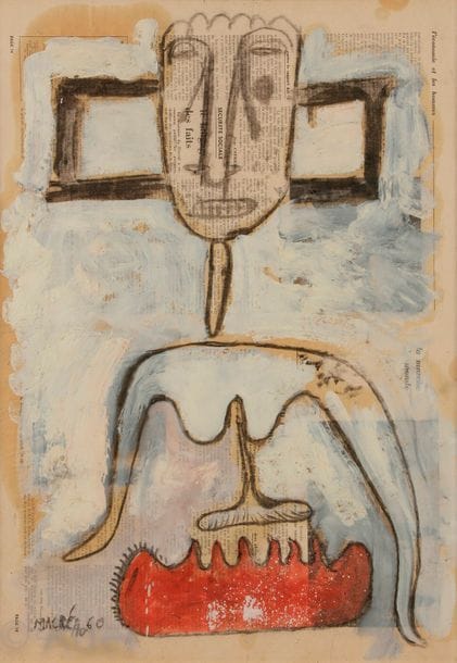 Michel MACRÉAU (1935-1995)
Personnage, 1960
Huile et fusain sur papier journal.
Signé et daté en bas à gauche.
59 x 41 cm

Provenance : 
Ancienne collection Jacques Martineau.

Nous remercions Monsieur Jean-Dominique Jacquemond d’avoir confirmé l’authenticité de cette œuvre. 
Un certificat de Monsieur Jean-Dominique Jacquemond, à la charge de l’acquéreur, pourra être remis.