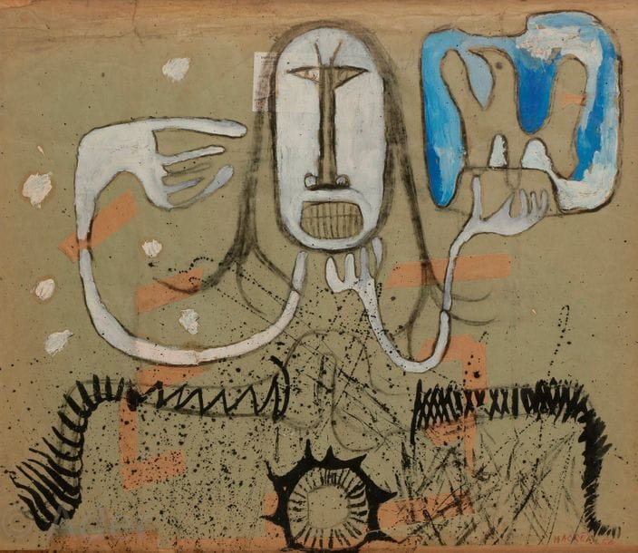 Michel MACRÉAU (1935-1995)
Personnage, 1960
Huile, encre et collage sur papier.
Signé et daté en bas à droite.
(Déchirures).
54 x 65 cm

Provenance : 
Ancienne collection Jacques Martineau.

Nous remercions Monsieur Jean-Dominique Jacquemond d’avoir confirmé l’authenticité de cette œuvre. 
Un certificat de Monsieur Jean-Dominique Jacquemond, à la charge de l’acquéreur, pourra être remis.