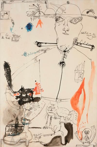Michel MACRÉAU (1935-1995)
Autoportrait au chapeau à la plume, 1974
Encre et gouache.
Signée et datée en bas à gauche.
Titrée dans la composition.
108 x 74 cm

Provenance : 
Ancienne collection Jacques Martineau.

Nous remercions Monsieur Jean-Dominique Jacquemond d’avoir confirmé l’authenticité de cette œuvre. 
Un certificat de Monsieur Jean-Dominique Jacquemond, à la charge de l’acquéreur, pourra être remis.