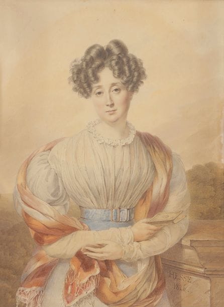 Henri Joseph HESSE (1781-1849)
Portrait d’une femme en buste, 1826
Plume, encre brune et lavis brun, aquarelle.
Signé et daté en bas à droite.
33,5?x?25?cm 