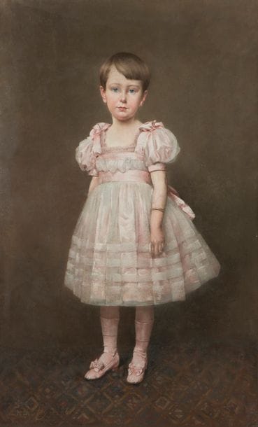 Émile MEYER (1823-1893)
Portrait de Mademoiselle Marie-Renée B., 1883
Pastel.
Signé en bas à gauche.
129?x?84?cm
On joint une reproduction gravée du pastel. 