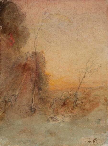 François-Auguste RAVIER (1814-1895)
Paysage au soleil couchant
Aquarelle sur traits de crayon noir.
Monogrammée en bas à droite.
(Petits manques restaurés sur les bords).
30?x?22,5?cm 