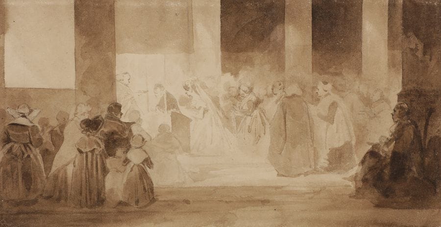 Attribué à Henri MONNIER (1799-1877)
Le Mariage
Lavis brun sur traits de crayon noir.
11,5?x?21,5?cm
On joint un dessin par Jorand et une vue du parc d’Ermenonville monogrammé JJR 