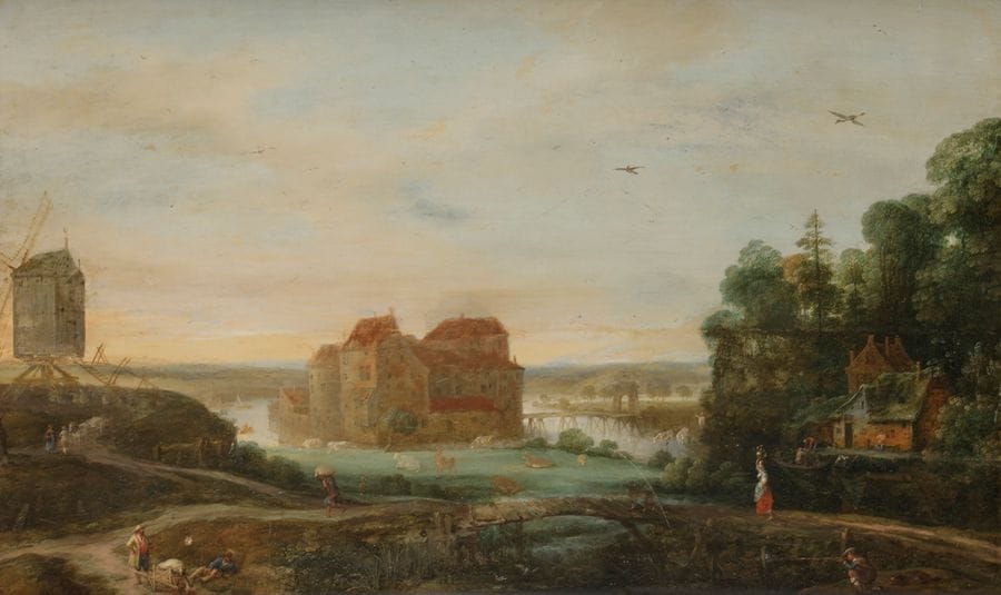 Attribué à Adriaen Van STALBEMPT (1580 - 1662)
Paysage animé en bordure de rivière
Panneau de chêne, parqueté 
50?x?80,5?cm
Restaurations anciennes 
 