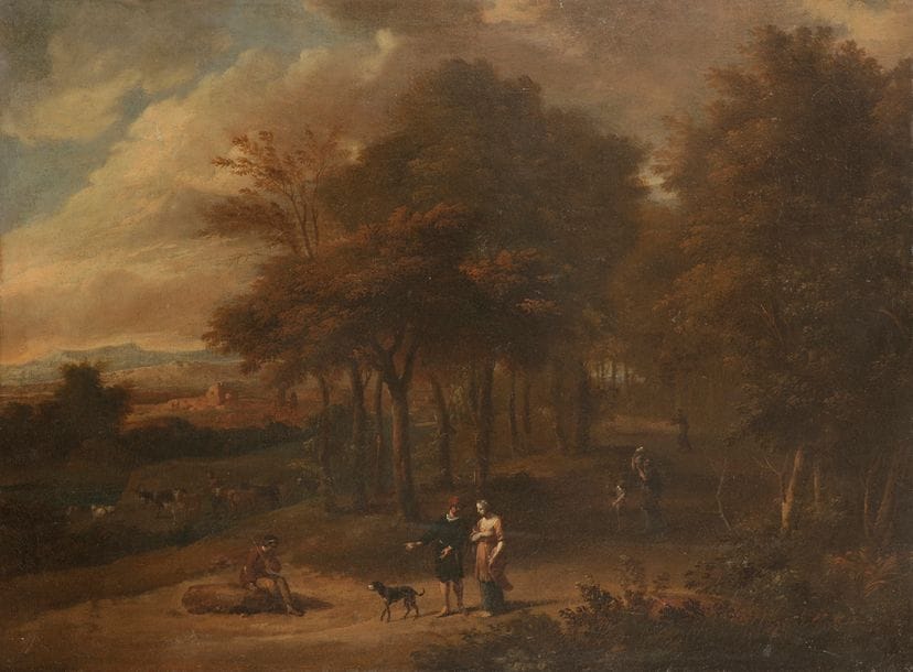 Gérard HOET (Bommel, 1648 - La Haye, 1733)
Paysage animé 
Toile 
48?x?64?cm
Signée en bas à gauche?: G. Hoet
Restaurations anciennes  