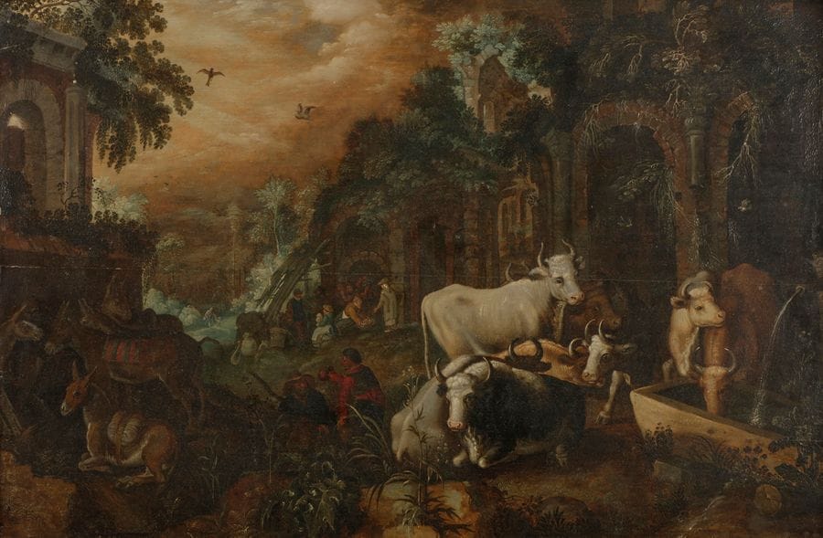 Attribué à Roland SAVERY (1576 - 1639)
Bergers et leurs troupeaux devant des ruines antiques 
Panneau de chêne, deux planches, non renforcé (traces de renforts)
37?x?59?cm
Petits manques et petites restaurations anciennes 
 
Notre tableau est une variante de la composition - le groupe en centre de voyageurs au repos en moins - d’une toile conservée au Rijksmuseum à Amsterdam. Elle reprend, en particulier, une œuvre connue en France sous le titre de marché d’animaux, signée et datée?: ROE... SAVERY FE / 1614, autrefois dans la collection Bulliot et reproduite dans le RKD et dans l’ouvrage de Kurt J. Müllenmeister (1988, notice 176, p. 280). D’autres versions attribuées à Roelant Savery sont passées en ventes publiques de 1996 à 2005.