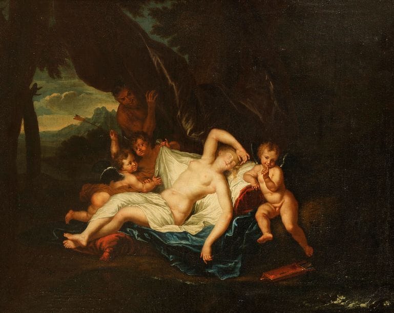 Antoine COYPEL (Paris 1661-1722)
Vénus endormie, dite aussi Jupiter et Antiope
Toile
55?x?67?cm
Restaurations

Provenance?: 
Peut-être Pierre Le Tessier de Montarsy (1647-1710) à qui le graveur dédia sa pièce?;
Peut-être collection J. A. Peters
Peut-être sa vente en 1779, où Saint-Aubin le croqua en marge du catalogue.

Bibliographie?: 
Nicole Garnier, Antoine Coypel 1661-1722, Paris, Arthena, 1989, P.159, n°104 (tableau perdu).

Œuvres en rapport?: 
- Gravure de Gaspard Duchange (dans le même sens que notre tableau), «dédié à Monsieur de Montarsy, garde des pierreries de la Couronne?; seigneur de Biesvre et de la Motte». 
- Dessin préparatoire au musée du Louvre (RF 12.338 album Koch, Garnier, op. cit. p. 216, n°407)
- Plusieurs copies sont connues. 

L’orfèvre Pierre Le Tessier de Montarsy (1647-1710) et Antoine Coypel étaient liés par des liens familiaux et amicaux. Le premier avait vu grandir le second en voisin, puisque leurs pères avaient obtenu des appartements réservés aux artistes aux galeries du Louvre, et ils obtinrent par la suite d’y résider eux-aussi. Pierre Letessier eut la charge de joaillier du roi Louis XIV de 1676 à 1710. En 1680, il commanda à Antoine Coypel, à peine âgé de 19 ans, le May de Notre-Dame (une Assomption de la Vierge perdue et non gravée), puis son portrait vers 1700 (Garnier, p. 135, op. cit., n° 69, lui aussi perdu). En 1712, Coypel acheta, pour le roi, 168 dessins provenant de la succession de Pierre de Montarsy, aujourd’hui conservés au Louvre.
Thème récurrent de la peinture occidentale, Vénus endormie découverte par un satyre est parfois confondu avec celui de Jupiter et Antiope (le Dieu de l’Olympe ayant, à cette occasion, pris la forme d’un satyre). Au-delà de la «querelle du coloris», Antoine Coypel propose une synthèse entre classiques et modernistes, connaissant bien les exemples sur ces sujets, par Corrège ou Poussin, conservés dans la collection royale, ou encor