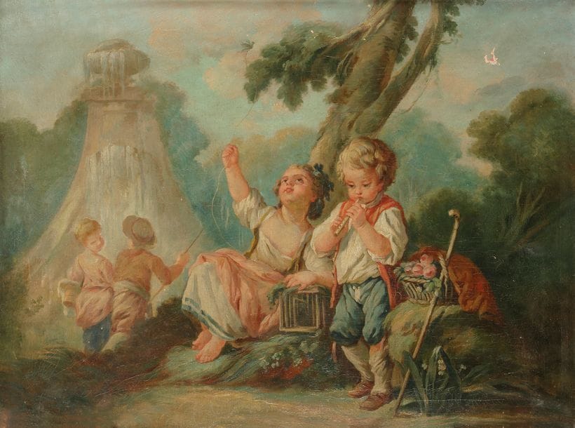 École FRANCAISE du XVIIIe siècle, suiveur de François BOUCHER
La cage aux oiseaux
Toile 
73?x?55?cm
Restaurations anciennes et accidents
 