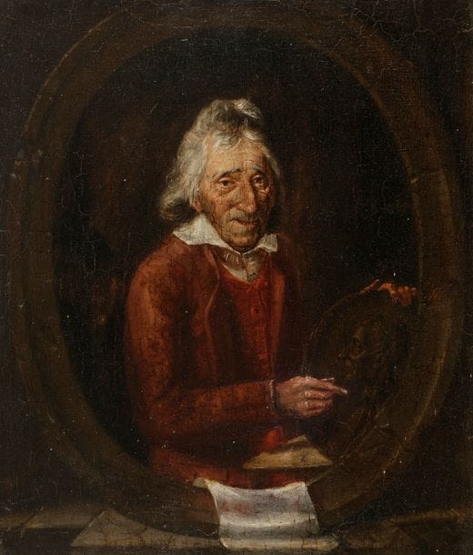 École FRANCAISE 1808, BARINCOU MONTBRUN***
Portrait d’un homme présentant un portrait de Montesquieu 
Panneau de noyer et filassé, une planche, non parqueté 
31?x?26,5?cm
Restaurations anciennes
Au revers du panneau, deux étiquettes dont une?: AM 93 / Arnaud de mo... dit Marenne / natif .... agé de/ 82 ans ... du grand/ Montesquieu peint par/ Barincou Montbrun…. 