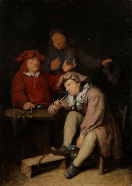 Attribué à Nicolaes Van HAEFTEN (1678 - 1715)
Scène de taverne
Panneau de chêne, une planche, non parqueté
25,5?x?18?cm
trace de signature à gauche 
Petites restaurations anciennes 
