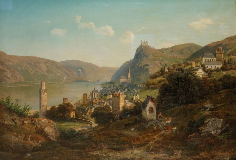 École ALLEMANDE 1853, MALLA***
Vue des rives du Rhin près d’Oberwesel
Toile 
92,5?x?132?cm
Signée et datée en bas à droite?: Malla....1853
Manques et accidents  