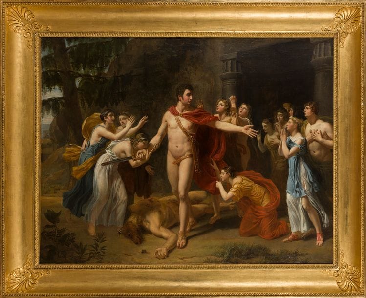 Attribué à Merry-Joseph BLONDEL (1781 - 1853)
Minotaure terrassé par Thésée
Toile 
111?x?144?cm
Restaurations anciennes 

 Notre tableau représente un sujet du concours pour le Prix de Rome de 1807?: Thésée vainquant le Minotaure.
Sur les huit candidats à concourir pour le Grand Prix de peinture?: le Grand Prix a été remporté par Heim (École des beaux-arts de Paris), l’œuvre de Dejuinne est reproduite dans le Grunchec (planche 3, p 37), l’œuvre de Langlois est connue par une esquisse reproduite dans le Grunchec (planche 3, p 37), l’œuvre de Caminade (second prix) est décrite dans le Journal de l’Empire, 19 septembre 1807, p. 3, description qui correspond peut-être au tableau ayant figuré en vente anonyme, comme attribué à Blondel, à Lyon, 12 novembre 2006 (Me Anaf), n°?56. Subsiste donc un doute concernant les œuvres non retrouvées de Merry-Joseph Blondel, Joseph Franque (1774 - 1827) et Henri-Joseph Forestier (1787 - 1868) et Alexandre-Charles Guillemot (1786 - 1831).
Nous proposons de le rapprocher ici de l’œuvre de Merry-Joseph Blondel?: l’élégance des figures et le coloris nous évoque le tableau de l’artiste signé ayant figuré à la vente anonyme, Paris, Hôtel Drouot, 18 avril 2016 (Me Leclere), n°?80.