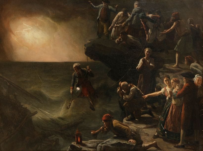 François Auguste BIARD (Lyon 1799 - Samois-sur-Seine 1882 )
Scène de naufrage en Norvège 
Toile
85?x?112?cm
Signée en bas au milieu?: Biard
Restaurations anciennes et accidents 

Provenance?: 
Vente anonyme à Paris, Hôtel Drouot, 1er Juillet 1994 (Mes Ader et Tajan), n°?33. 

 Nous remercions monsieur Baptiste Henriot qui a confirmé l’authenticité du tableau après examen direct de l’œuvre.