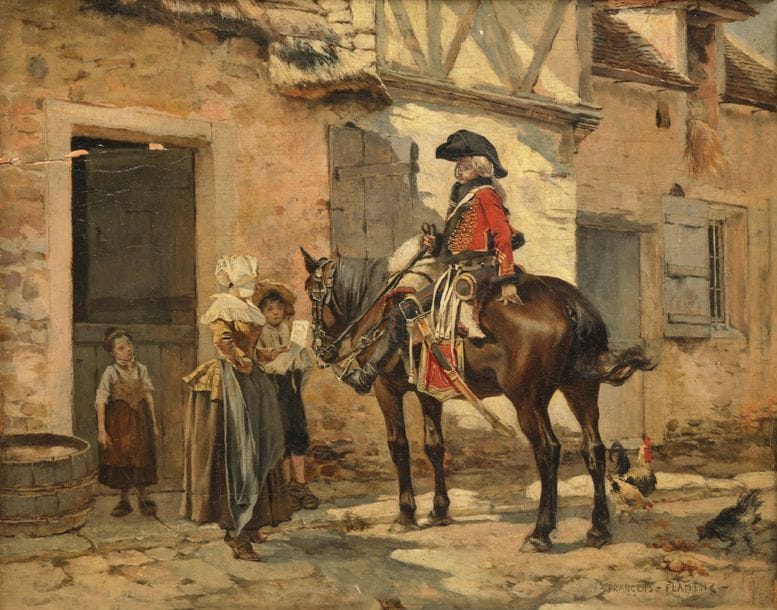 François FLAMENG (1856-1923)
Le Messager
Huile sur panneau parqueté.
Signée en bas à droite.
(Petite fente au panneau, et petits manques).
19,5?x?24,5?cm 