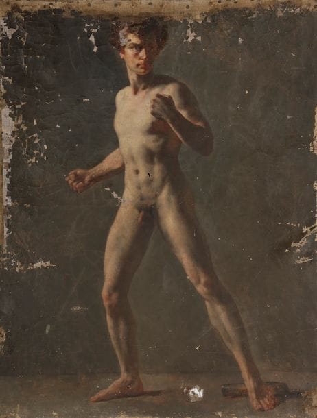 École FRANCAISE vers 1820
Académie d’homme
Sur sa toile d’origine
81?x?65?cm
Manques et accidents 
Sans cadre 