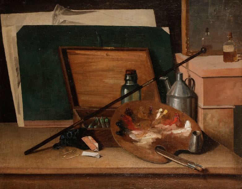 École FRANCAISE du XIXe siècle 
L’atelier du peintre
Toile 
74?x?95?cm
Restaurations anciennes  