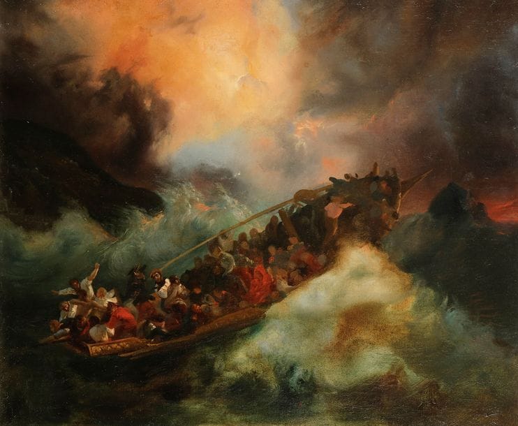 Jean-Antoine Théodore GUDIN dit le baron GUDIN (Paris, 1802 - Boulogne-sur-Seine, 1880)
Coup de vent sur la rade d’Alger, esquisse
Toile
50?x?61?cm
Restaurations
Sans cadre
 
 Elève de Girodet et de Gros, Théodore Gudin estime «?que la peinture de marine forme un genre très distinct qui nécessite des études spéciales. Pour peindre, il faut avoir navigué?» (in Souvenirs de Théodore Gudin). Il entre donc dans la marine américaine et, embarqué sur le brick Manchester, participe à des missions de surveillance des pêches de Terre-Neuve.  
Exposant régulier du Salon de 1822 à 1880, il est remarqué par Charles X à celui de 1827. Nommé «?peintre de marine?» en 1830, il accompagne l’expédition d’Alger en juin de la même année.  
Cette étude est préparatoire au «?Coup de vent sur la rade d’Alger?», toile conservée au musée de la marine à Paris (256?x?418?cm, signé et daté en bas, à gauche?: T. Gudin 1835). Ayant lui-même assisté à des naufrages, il y traduit avec vérité la tension de l’équipage et les nuances de la lumière.