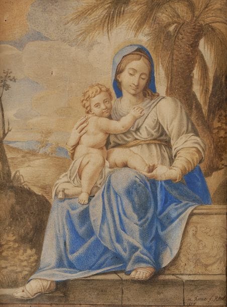 ÉCOLE FRANCAISE du XVIIe siècle
Vierge à l’enfant, 1658
Encre brune et lavis brun, aquarelle et gouache sur papier vergé.
Porte une signature en bas à droite.
Datée et située en bas à droite.
27,5?x?21?cm 