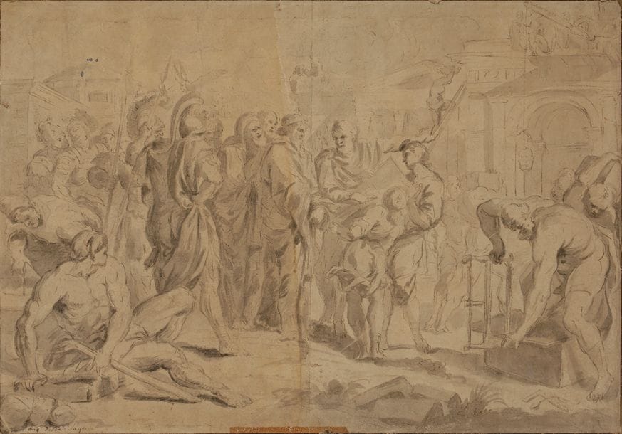 ÉCOLE de Raymond de LA FAGE 
(Lisle-sur-Tarn 1656-? 1684)
La Construction d’une ville (probablement Ancyre) par les Tectosages
Plume et encre noire, lavis gris.
Annoté en bas à gauche?: «?an della Fage?».
(Insolé, déchirures, pliures, taches).
32?x?45?cm 