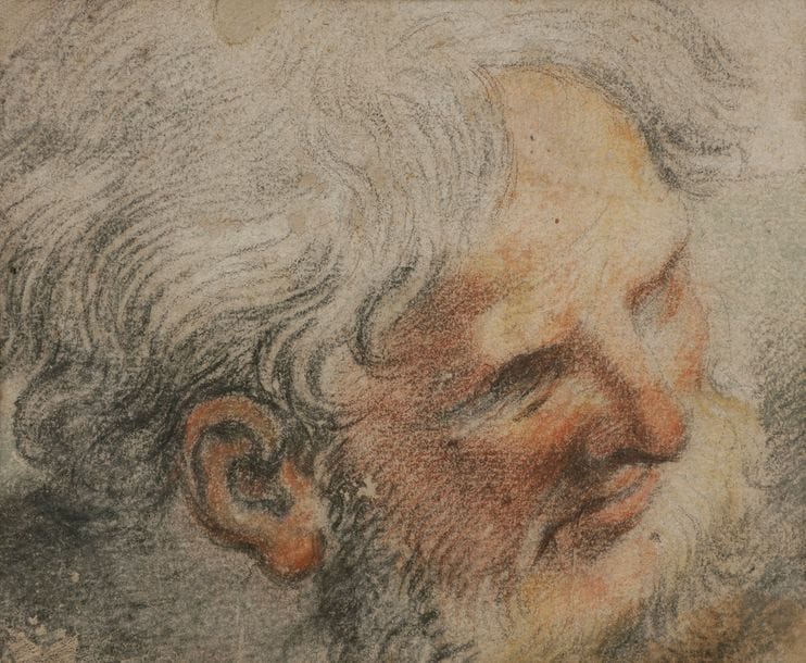 École ITALIENNE du XVIIe siècle
Tête d’homme
Pierre noire, sanguine et pastel.
(Feuille coupée sur les bords, petits manques).
16,5?x?20?cm 