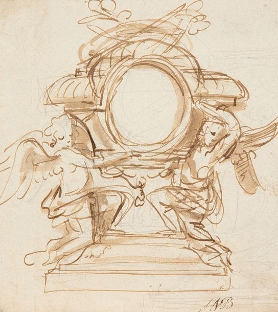 École ITALIENNE du XVIIe siècle
Projet de fontaine, grotte à la tortue
Plume et encre brune sur traits de crayon noir, lavis brun.
(Manque restauré en haut à gauche, rousseurs, papier doublé, déchirure en haut à droite).
On joint 3 dessins d’ornements.
34?x?21,5?cm 