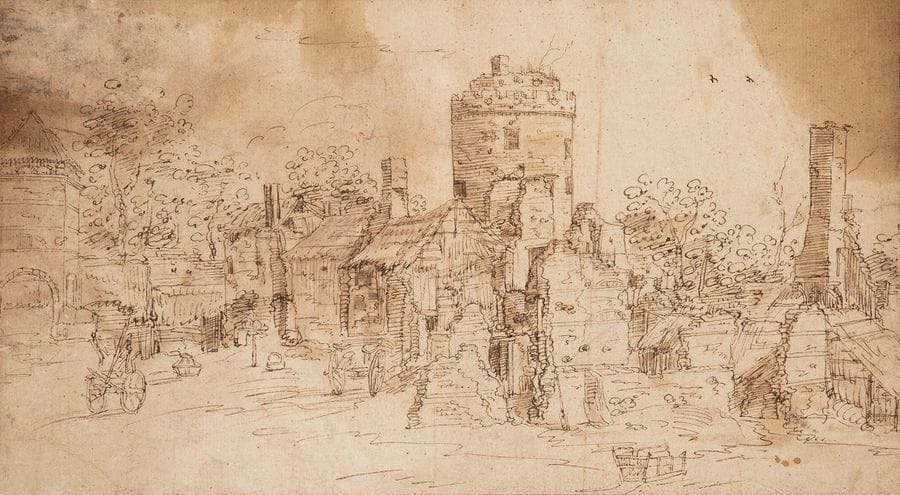 École du NORD XVIIe siècle
Paysage de village en ruine
Plume et encre brune, lavis brun.
(Taches, pliures, doublé).
18,5?x?34,5?cm 