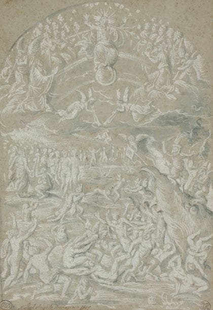 École FLAMANDE du XVIIe siècle
Le Jugement dernier
Lavis et rehauts de gouache blanche.
Signé et daté en bas à gauche?: «Michel Angelo Bronzino 1449».
33,5?x?23?cm 