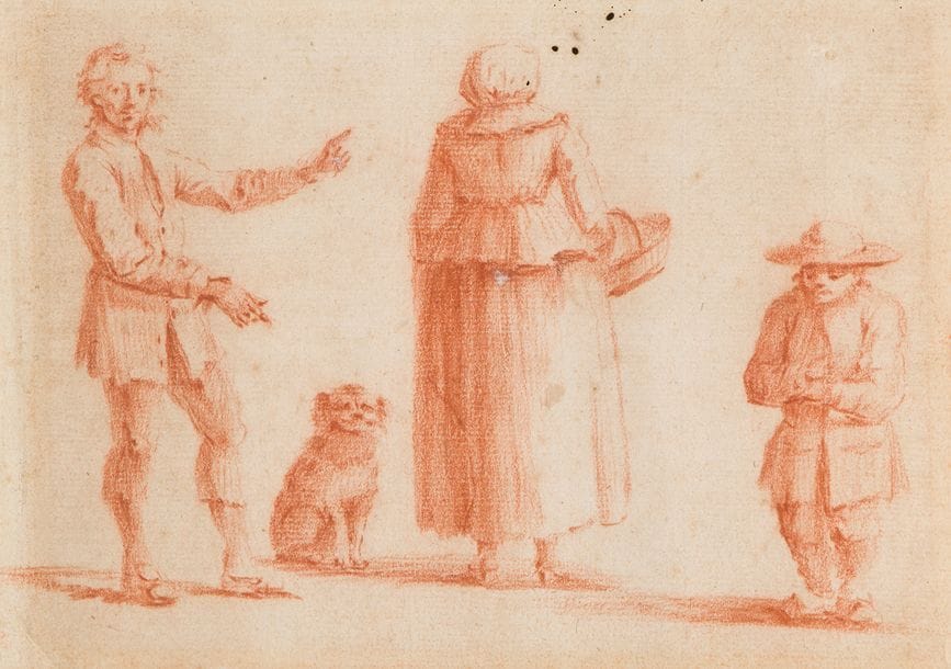 École du nord début du XVIIIe siècle
Personnages et chien
Sanguine.
13?x?19,5?cm 