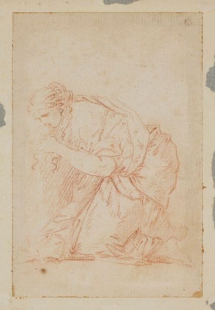 Attribué à Hubert ROBERT (1733-1808)
Femme agenouillée
Sanguine.
14?x?9.5?cm
(Rousseurs, taches). 