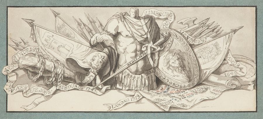 Augustin Félix FORTIN (Paris 1763 - 1832)
Cinq trophées d’armes dont deux à la gloire du Prince de Condé
Plume, encre brune et lavis brun.
10,5?x?25,5?cm chacun
On joint deux miniatures de Monnier, non signées. 