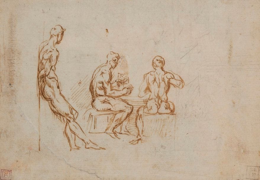 École italienne du XVIe siècle 
Deux joueurs de cartes et un homme appuyé contre un mur 
Plume et encre brune sur traits de crayon noir
12 x 18 cm 
Déchirure restaurée en bas à gauche petits trous d’épingle au centre

Provenance : 
Ancienne collection J. Reynolds, son cachet en bas à droite (L.2364)
Ancienne collection A. Normand, son cachet en bas à gauche (L.153c), sa vente Piasa, Hôtel Drouot, le 13 juin 2001, p. 4, lot n°2, repr.