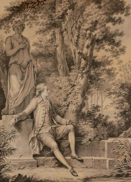 Jean-Jacques François LE BARBIER dit le BARBIER l’Ainé (Rouen 1738 - Paris 1826)
Portrait d’homme au pied d’une sculpture 
Plume et encre de Chine, lavis gris et rehauts de gouache blanche
40 x 29 cm 
Signé et daté 1780 
Légèrement insolé