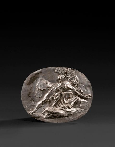France, début du XVIIIe siècle.
Prométhée enchainé.
Bas-relief ovale en argent fondu.
20 x 15 cm
Poinçons vieillard et poinçon Ancien Régime.
Paris, 1701-1702, repoinçonné au XIXe siècle.