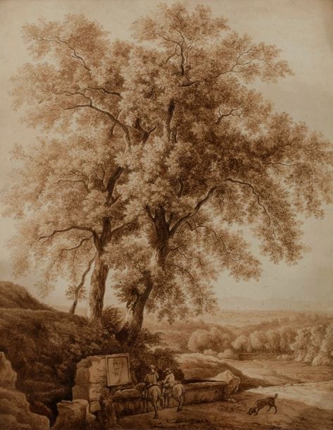 Jacob Philipp HACKERT (Prenzlau 1737 - San Piero di Careggi 1807)
Deux cavaliers à l’abreuvoir sous un bosquet, paysage d’Italie en bord de mer 
Lavis brun sur traits de crayon noir 
57,5 x 47,5 cm 
Signé et daté 1795 en bas à gauche