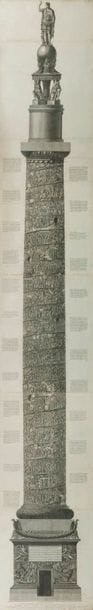 Giovanni Battista Piranesi (1720-1778)
Veduta del Prospetto principale della Colonna Trajana. (Vue de face de la Colonne Trajane). Pl. de la suite Trofeo o Sia Magnifica Colonna Coclide di Marmo… (Trophée ou Les Magnifiques Colonnes spiralées de marbre…). Rome, 1774-1779. 
Eau-forte en 6 cuivres sur 6 feuilles raboutées. 
À vue : H. 291 x 50,5 cm, Wilton-Ely 687 ; Focillon 553. Très belle épreuve sur vergé azuré. Auréoles claires d’humidité en pied du sujet. Plusieurs plis horizontaux médians, certains frottés (avec petites atteintes aux noirs). Autres courtes traces de plis. Une déchirure de 2,5 cm à gauche à la jonction des deux feuillets supérieurs. Cadre.